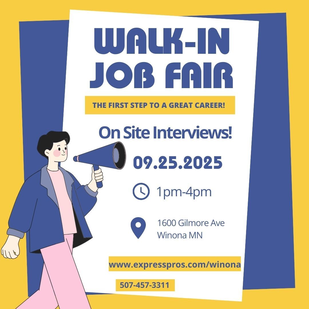 ⏰ Tomorrow’s the day, Winona! ⏰
Our Walk-In Job Fair kicks off Thursday, Sept. 25th from 1–4 PM—and you don’t want to miss it!

✅ Tons of great local jobs
✅ On-the-spot interviews
✅ Opportunities that go FAST

If you’ve been waiting for the perfect time to find your next...