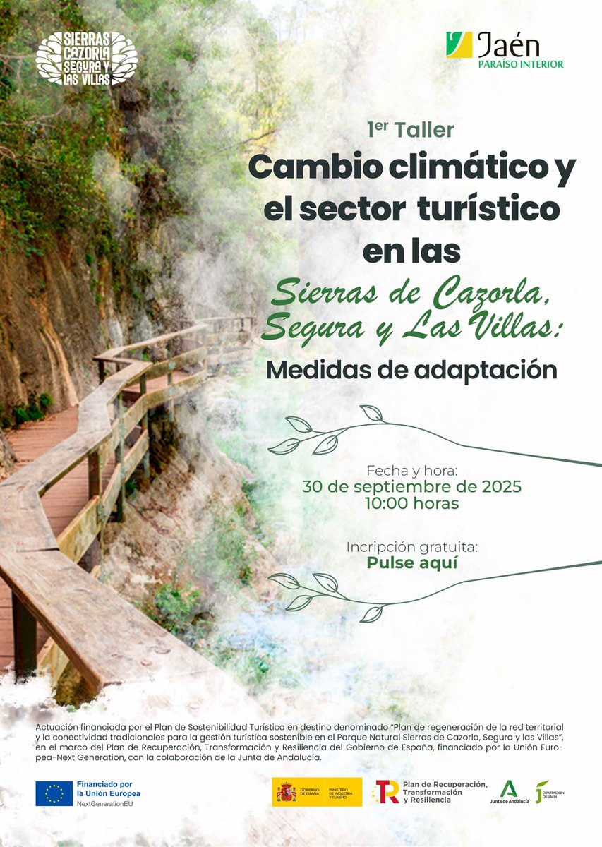 📌 Primer taller sobre "Cambio climático y sector turístico en las Sierras de Cazorla, Segura y Las Villas: medidas de adaptación". Un espacio para aprender, compartir y, sobre todo, buscar medidas reales para el destino.

🆓 Inscripción gratuita: dipujaen.es/conoce-diputac…