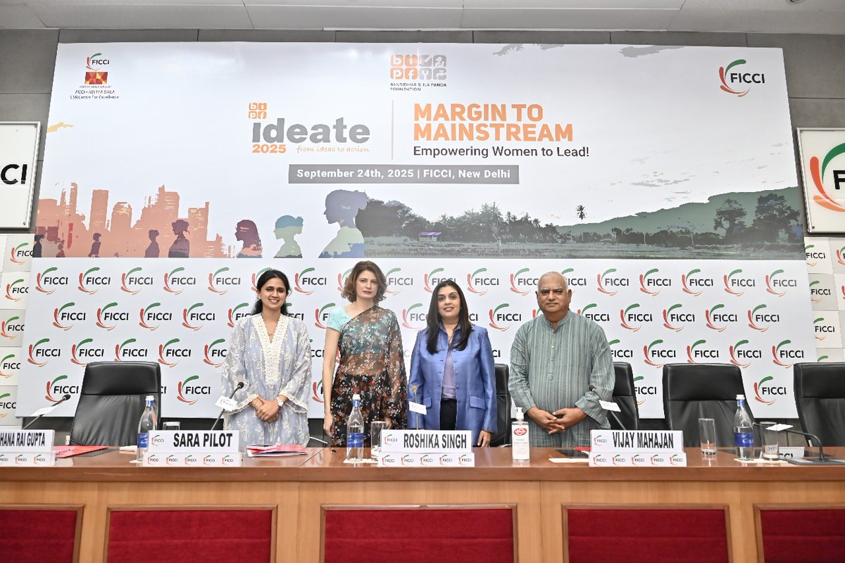 BIPF_Odisha's tweet photo. The panel discussion on “Margin to Mainstream – Strategies for Empowerment” at IDEATE 2025 explored the pathways to advance women’s leadership and foster inclusive growth.

Sara Abdullah Pilot, Founder & Chairperson, CEQUIN, highlighted that women continue to face challenges ranging from maternity and workplace policies to broader social freedoms. She emphasized the need to share experiences and collaborate across regions to build more effective solutions.

Aradhana Rai Gupta, Co-founder, Project Baala, emphasized that meaningful change requires both women and men to engage, with open conversations on health, education, and empowerment. She noted that India’s vast youth population brings fresh perspectives and energy to address long-standing challenges.

Adding to this, Vijay Mahajan, Founder, BASIX Social Enterprise Group, underscored that convergence is key to driving holistic change. He noted that faster progress requires focus on education, health, financial access, and opportunities, while also enabling more women to shape policies through political leadership.

Panel Moderator Roshika Singh, Principal Country Officer, India Country Team, IFC India, further emphasized that dialogues like IDEATE are critical in fostering collaboration among stakeholders and strengthening efforts towards women’s empowerment.

The discussion provided a space to exchange experiences, explore challenges, and identify actionable strategies to bring women from the margins to the mainstream.

@ficci_india | @FicciCSR 
@CEQUIN2009 @ProjectBaala @BASIXConsulting 
#IDEATE2025 #WomenLeadership #InclusiveGrowth #SocialImpact