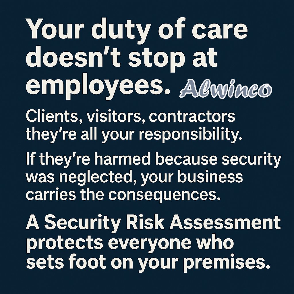 Alwinco's tweet image. Your duty of care extends beyond employees. Clients, visitors &amp;amp; contractors rely on your security. A Security Risk Assessment protects everyone on your premises. #Alwinco #SecurityRiskAssessment #Crime
@SAPoliceService
@PSiRALive
@StatsSA