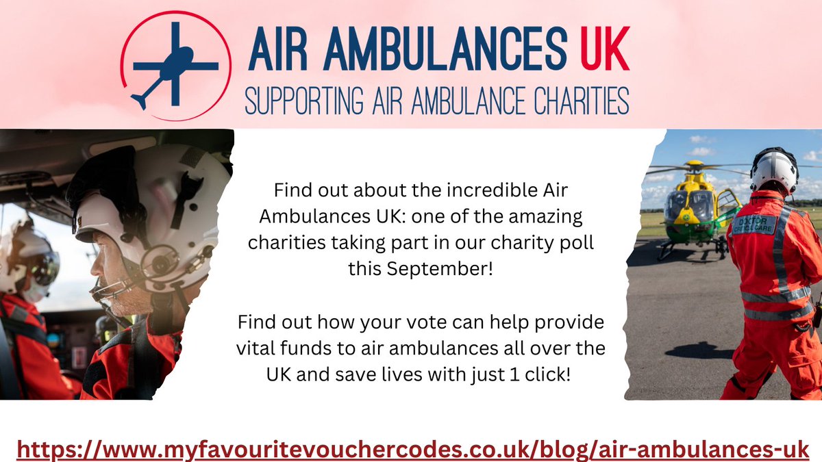 Introducing <a href="/AirAmbulancesUK/">Air Ambulances UK</a>  - one of the amazing charities participating in our charity poll this September! Your vote can help support the lifesaving work of the UK's air ambulances this September. Find out all about them and cast your free vote at: myfavouritevouchercodes.co.uk/blog/air-ambul…