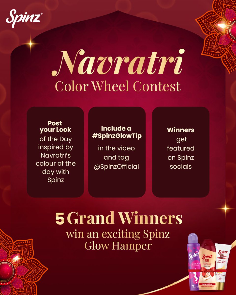 SpinzIndia's tweet image. This Navratri, join the #GlowWithSpinz Contest 
Here’s how you can win:
1️⃣: Post your Look of the Day inspired by the Navratri colour.
2️⃣: Share your #SpinzGlowTip in the video.
3️⃣: Tag @spinzindia

Five grand winners get an exciting Spinz Glow Hamper! 
 #NavratriGlowWithSpinz