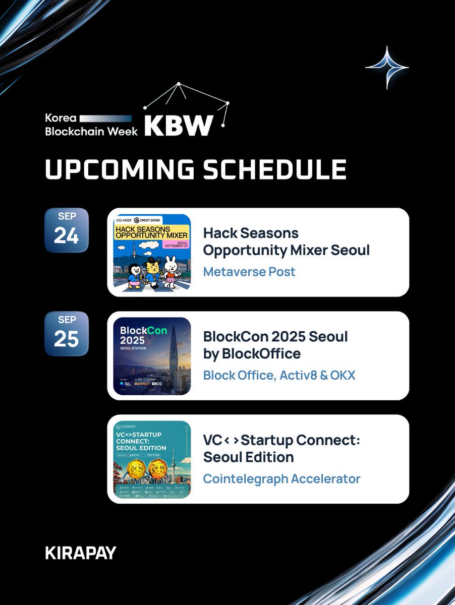 📢 Updated schedule for Korea Blockchain Week 2025 🇰🇷✨

We’ll be at BlockCon Seoul by <a href="/BlockOffice_/">BlockOffice | Backoffice for Startups</a>  @acitv8lab <a href="/okx/">OKX</a> &amp; VC &lt;&gt; Startup Connect by <a href="/CointelegraphAc/">Cointelegraph Accelerator</a> tomorrow!

Check our thread below for full details &amp; signup links ⬇️

#KBW2025 #KIRAPAY