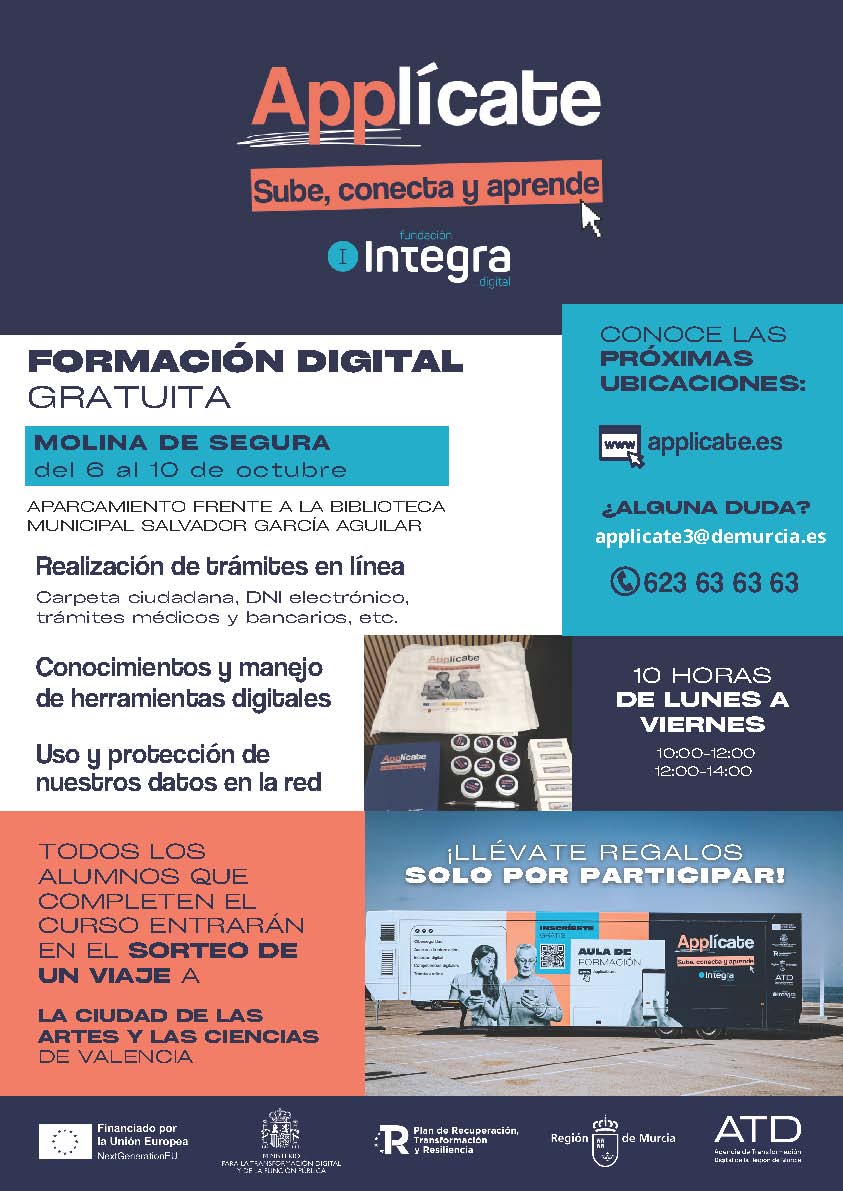 ¡El programa #Applicate llega a Molina de Segura! 🚀 

Del 6 al 10 de octubre , únete a la 3ª formación digital gratuita en el aula móvil frente a la Biblioteca. 

¡Con regalos y sorteo de un viaje a Valencia! 🎁✨

Más info: acortar.link/hJvRKz