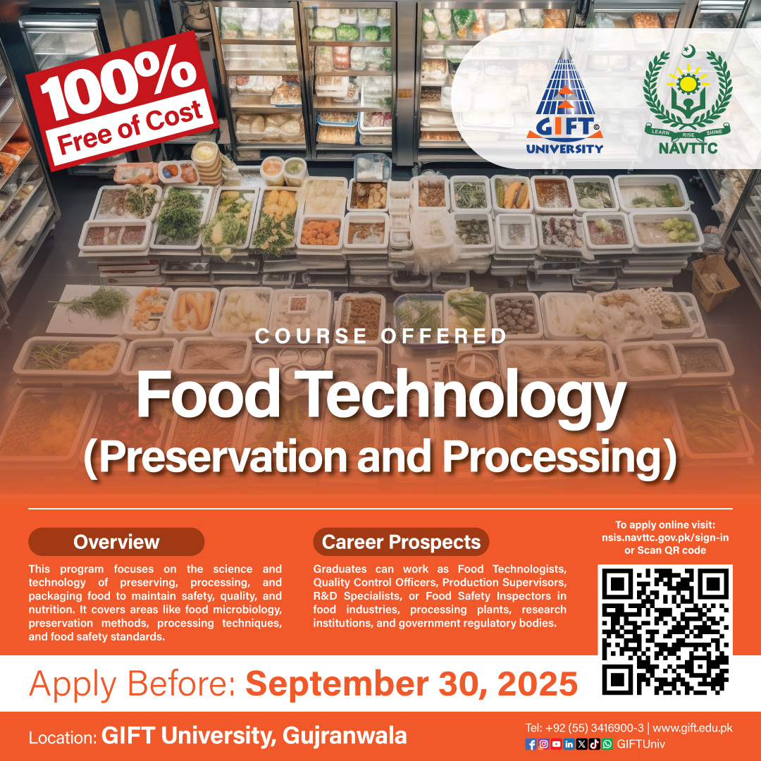 GIFTUniv's tweet image. 𝐅𝐑𝐄𝐄 𝐍𝐀𝐕𝐓𝐓𝐂 𝐂𝐨𝐮𝐫𝐬𝐞𝐬 𝐀𝐫𝐞 𝐁𝐚𝐜𝐤 𝐚𝐭 𝐆𝐈𝐅𝐓 𝐔𝐧𝐢𝐯𝐞𝐫𝐬𝐢𝐭𝐲!

Apply online before September 30, 2025: nsis.navttc.gov.pk/sign-in
#GIFTUniversity #EducationToEntrepreneurship #NAVTTC #Admissions2025 #HospitalityManagement #FoodTechnology