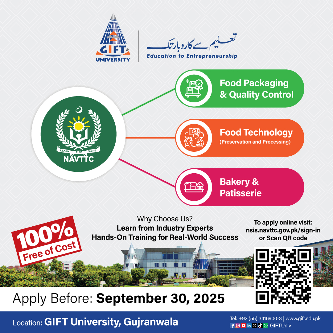 GIFTUniv's tweet image. 𝐅𝐑𝐄𝐄 𝐍𝐀𝐕𝐓𝐓𝐂 𝐂𝐨𝐮𝐫𝐬𝐞𝐬 𝐀𝐫𝐞 𝐁𝐚𝐜𝐤 𝐚𝐭 𝐆𝐈𝐅𝐓 𝐔𝐧𝐢𝐯𝐞𝐫𝐬𝐢𝐭𝐲!

Apply online before September 30, 2025: nsis.navttc.gov.pk/sign-in
#GIFTUniversity #EducationToEntrepreneurship #NAVTTC #Admissions2025 #HospitalityManagement #FoodTechnology