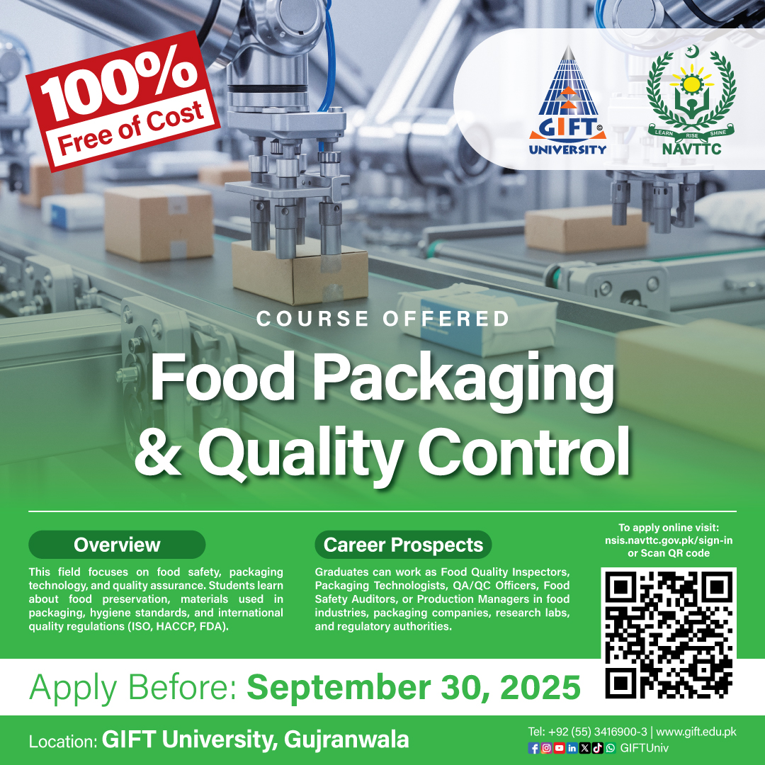 GIFTUniv's tweet image. 𝐅𝐑𝐄𝐄 𝐍𝐀𝐕𝐓𝐓𝐂 𝐂𝐨𝐮𝐫𝐬𝐞𝐬 𝐀𝐫𝐞 𝐁𝐚𝐜𝐤 𝐚𝐭 𝐆𝐈𝐅𝐓 𝐔𝐧𝐢𝐯𝐞𝐫𝐬𝐢𝐭𝐲!

Apply online before September 30, 2025: nsis.navttc.gov.pk/sign-in
#GIFTUniversity #EducationToEntrepreneurship #NAVTTC #Admissions2025 #HospitalityManagement #FoodTechnology