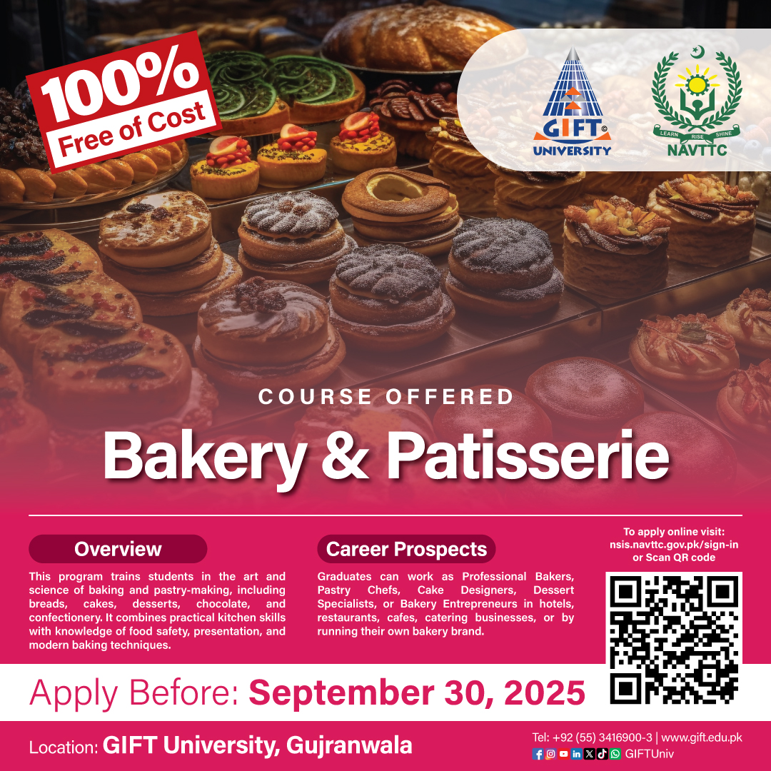 GIFTUniv's tweet image. 𝐅𝐑𝐄𝐄 𝐍𝐀𝐕𝐓𝐓𝐂 𝐂𝐨𝐮𝐫𝐬𝐞𝐬 𝐀𝐫𝐞 𝐁𝐚𝐜𝐤 𝐚𝐭 𝐆𝐈𝐅𝐓 𝐔𝐧𝐢𝐯𝐞𝐫𝐬𝐢𝐭𝐲!

Apply online before September 30, 2025: nsis.navttc.gov.pk/sign-in
#GIFTUniversity #EducationToEntrepreneurship #NAVTTC #Admissions2025 #HospitalityManagement #FoodTechnology