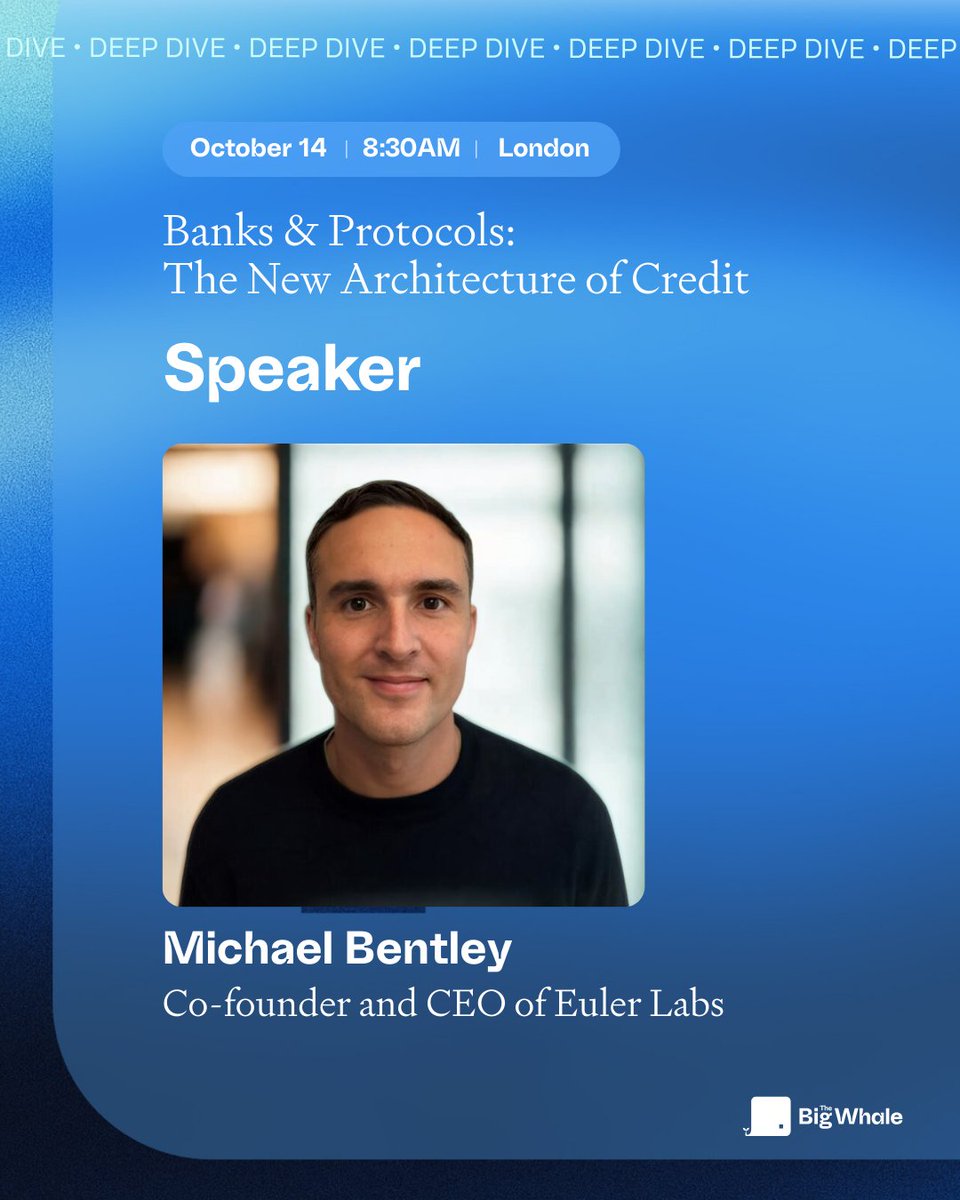 Event poster featuring Michael Bentley discussing Banks & Protocols: The New Architecture of Credit