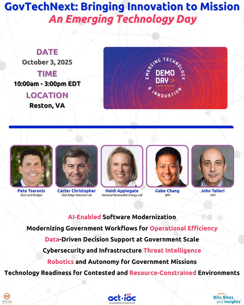 🔥 Get the inside scoop on next-gen innovation
➡️ Register Here: bit.ly/467o4tg

🟠 Tons of Bits, Bites, and Insights
🟠 Representation from two of our national labs
🟠 Opportunities to map your company's capabilities with the government mission

<a href="/ACTIAC/">ACT-IAC</a> <a href="/ForbesBizCncl/">Forbes Business Council</a>