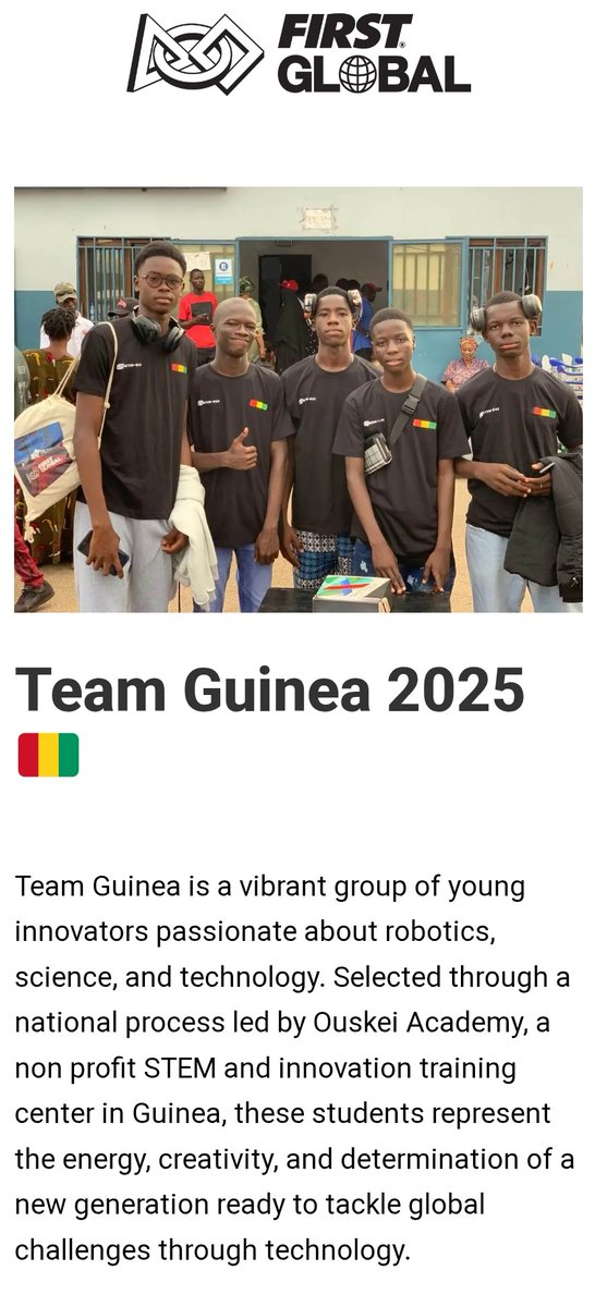 🚀 La Team #Guinée va briller au FIRST Global Challenge 2025 à Panama City ! 🇬🇳 Du 29 oct au 1er nov, nos jeunes roboticiens défieront +190 pays. On les soutient à fond ! 🤖💪🏿 Partagez et encourage

 #STEMGuinea ! 🌍 #FIRSTGlobalChallenge #Innovation