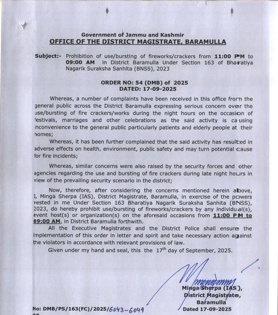 atworkmudasir's tweet photo. Grateful to DC Baramulla for bringing the order to ban firecrackers from 11 PM to 9 AM. A much-needed relief for the public — ensuring peace, health, and safety during night hours."
@DCBaramulla 
@mingasherpa @BaramullaPolice https://t.co/hjlsvPgaf8