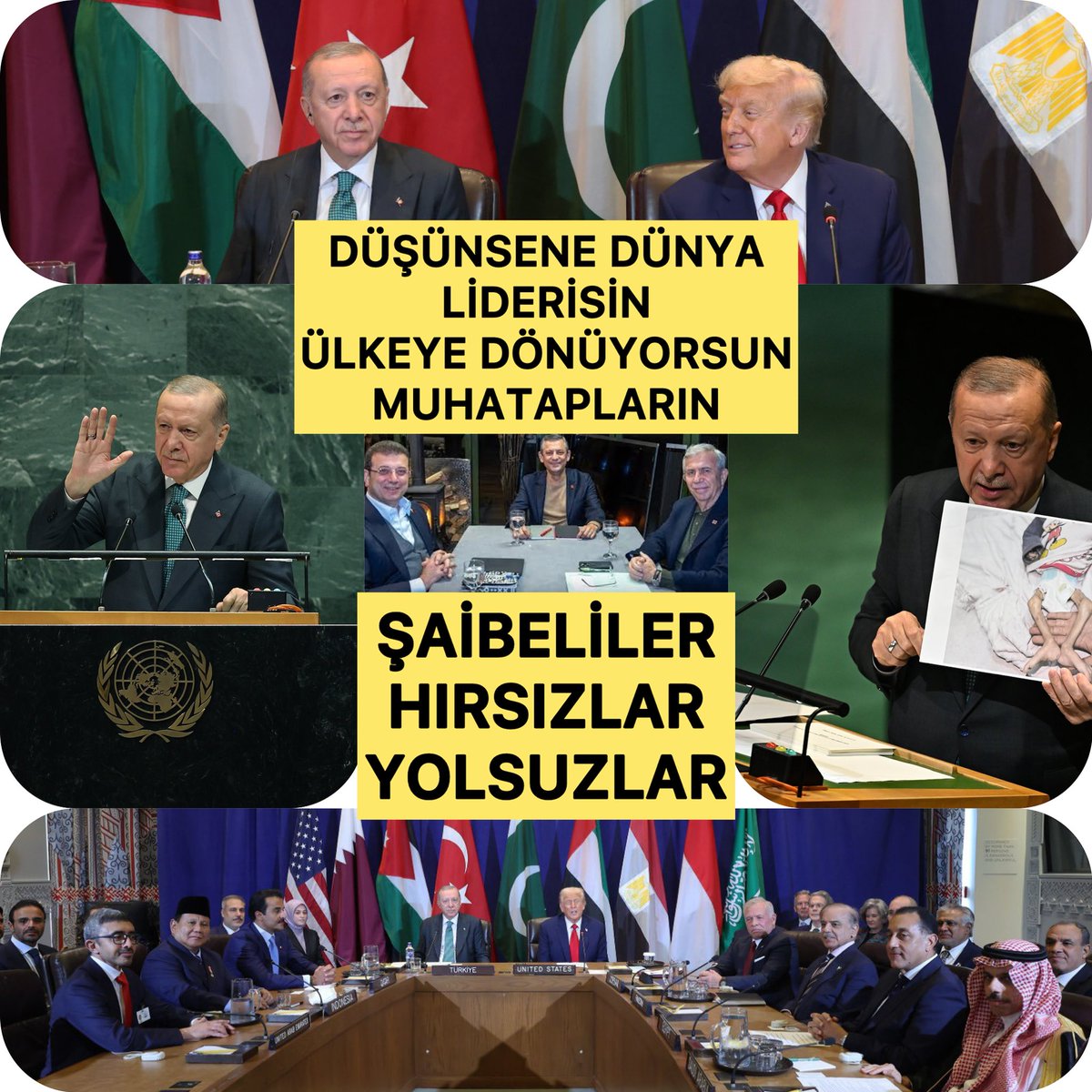 REİS olmakta zor!
Dünyada Türkiye rüzgarı estiriyorsun.
BM’de konuşmanı 8 milyar izliyor.
Saygı ,Sevgi görüyorsun.
İslam Dünyasının Liderisin.
Ülkene dönüyorsun‼️
Muhatabın;
560Milyar çalan hırsızlar,
Delegesi satın alınmış partinin lideri,
Konser,bardak ceset torbası yolsuzları.