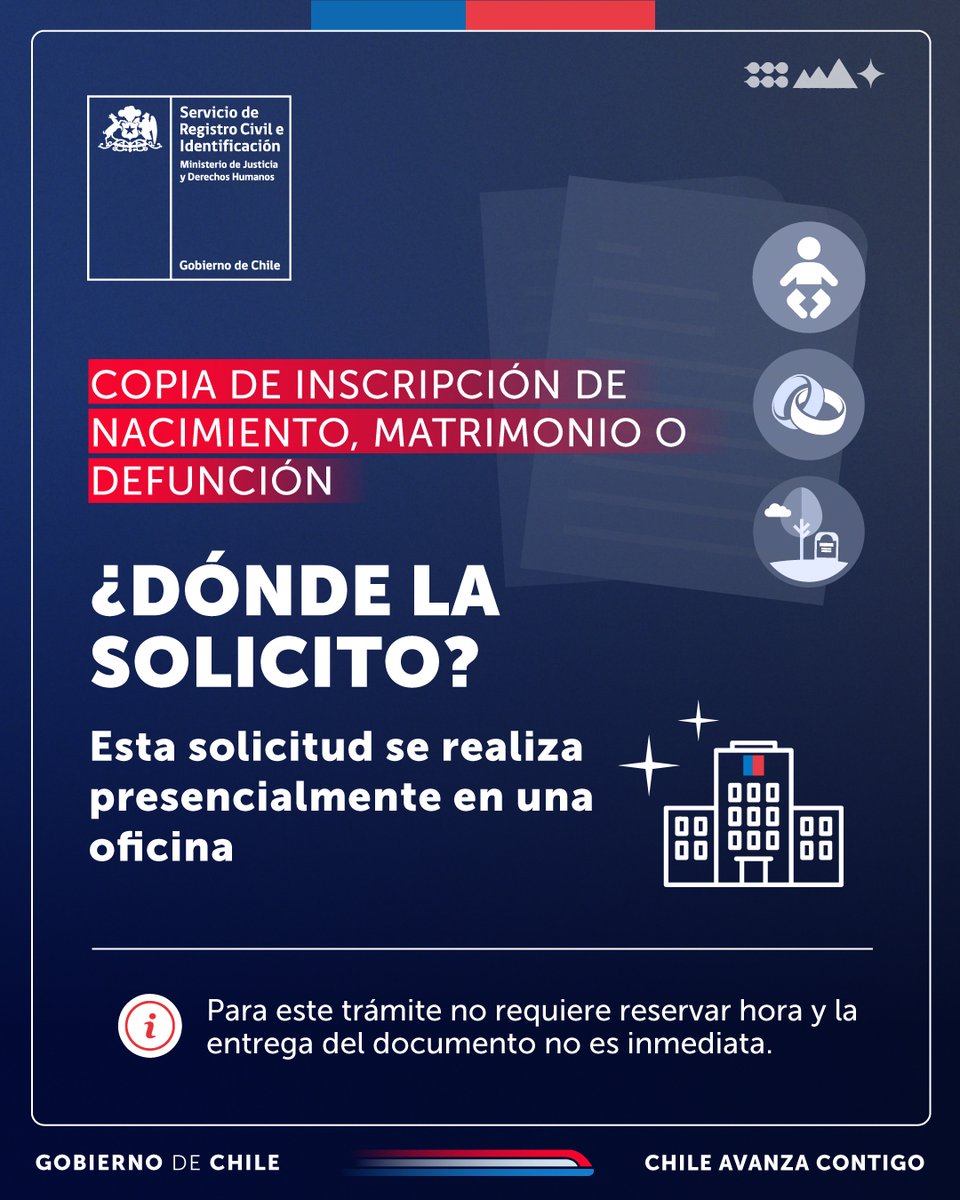 🔔 !Buenos días!
Si necesitas la copia de una inscripción 📑 (partida) de nacimiento, matrimonio o defunción, debes solicitarla presencialmente en oficina.