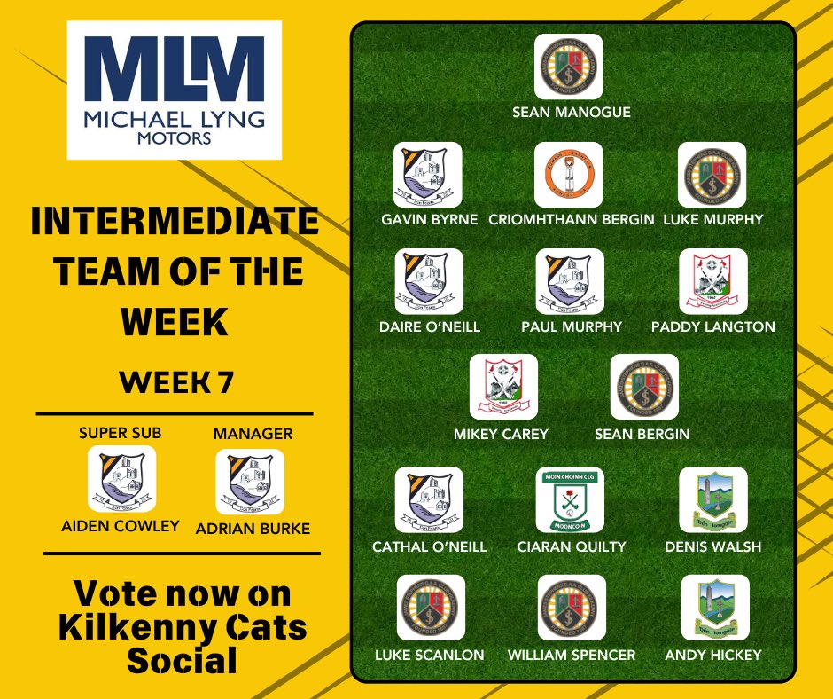 KilkennyCLG's tweet photo. 🏆 Your Week 7 Teams of the Week Are Here! 🏆

Another action-packed weekend of club hurling, and you’ve chosen the standout players across the @michaellyngmtrs Intermediate & Premier Junior grades! 🔥

👏 Massive congratulations to all the players who earned their spotl! And of course, thanks to everyone who voted and backed their club heroes.

👉 Spot someone you think should make next week’s team?
📲 Open the Kilkenny Cats Social app → Resources → Teams of the Week and get your votes in after the upcoming matches!