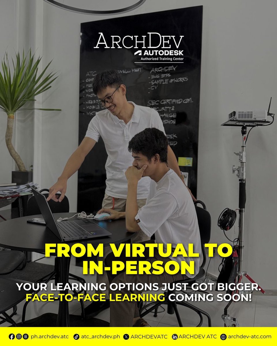 ARCHDEVATC's tweet image. 👩🏫✨ From Virtual to In-Person — Your Learning Options Just Got Bigger! ✨👨🏫

ARCHDEV – Autodesk Authorized Training Center is excited to announce that Face-to-Face Class Enrollment is COMING SOON! 🚀

#ARCHDEV #AutodeskTraining #FaceToFaceClass #BiggerLearningOptions