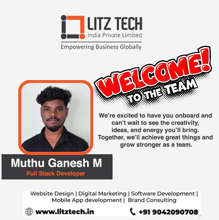 LITZTech's tweet image. Welcome to the Team, Muthu Ganesh! 🚀

We’re excited to have you on board as our new Full Stack Developer at Litz Tech! Your skills, passion, and energy are a perfect fit for our growing family. Let&apos;s build amazing things together! 💻🌐