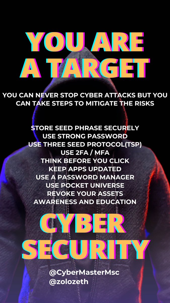 Remember, you are always getting targeted by scammers.
Make sure to always store your seed and password securely and set up 2fa when possible.

Also use the 3 wallet setup quoted below in my pinned post.

Check out <a href="/CyberMasterMSc/">CyberMaster Academy</a> for more #Cybersecurity awareness.