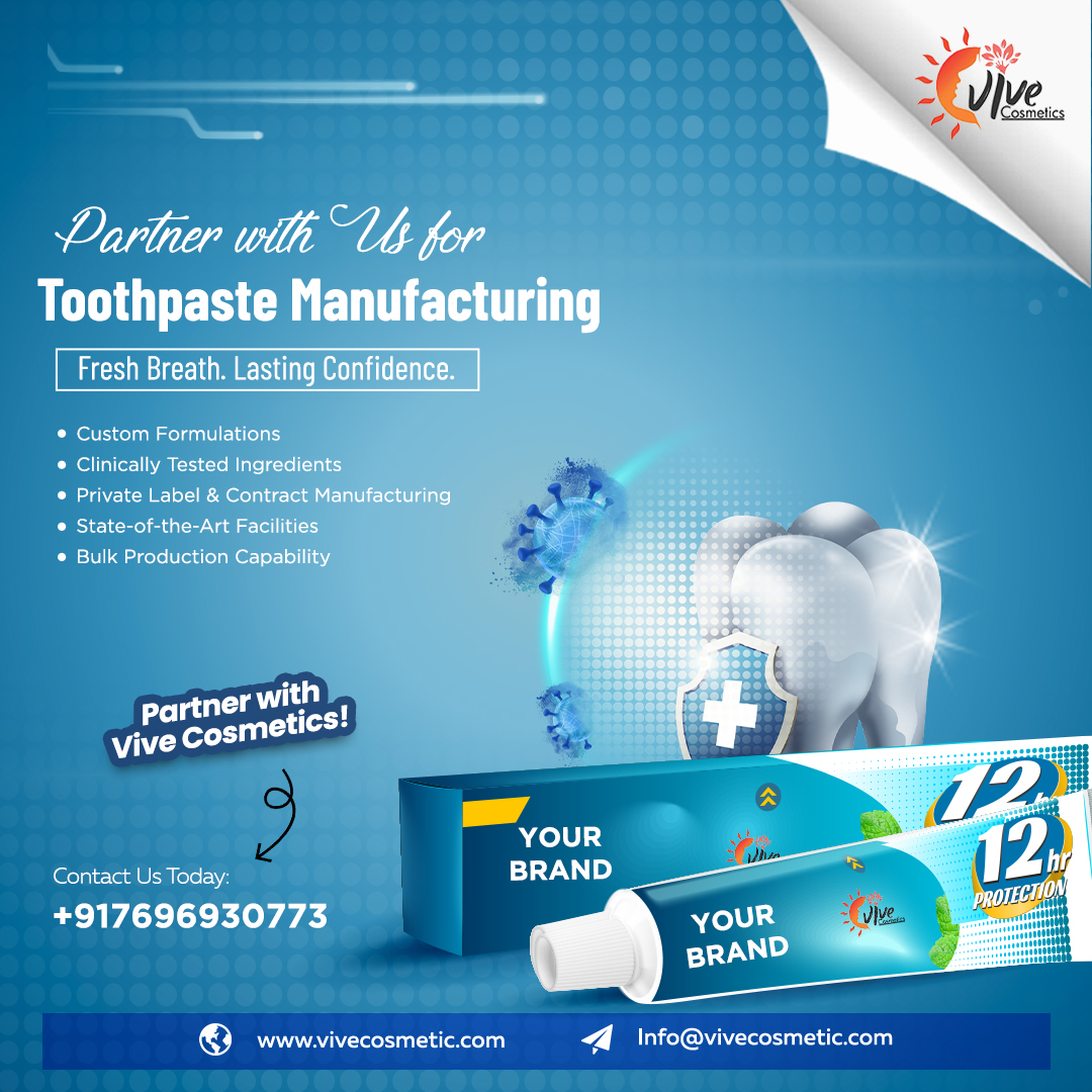 vivecosmetic's tweet image. Fresh Breath, Lasting Confidence 
Partner with Vive Cosmetics for world-class Toothpaste Manufacturing 
From custom formulations to bulk production, we’ve got your brand covered!
+91 7696930773
 vivecosmetic.com info@vivecosmetic.com
#ToothpasteManufacturing #PrivateLabel