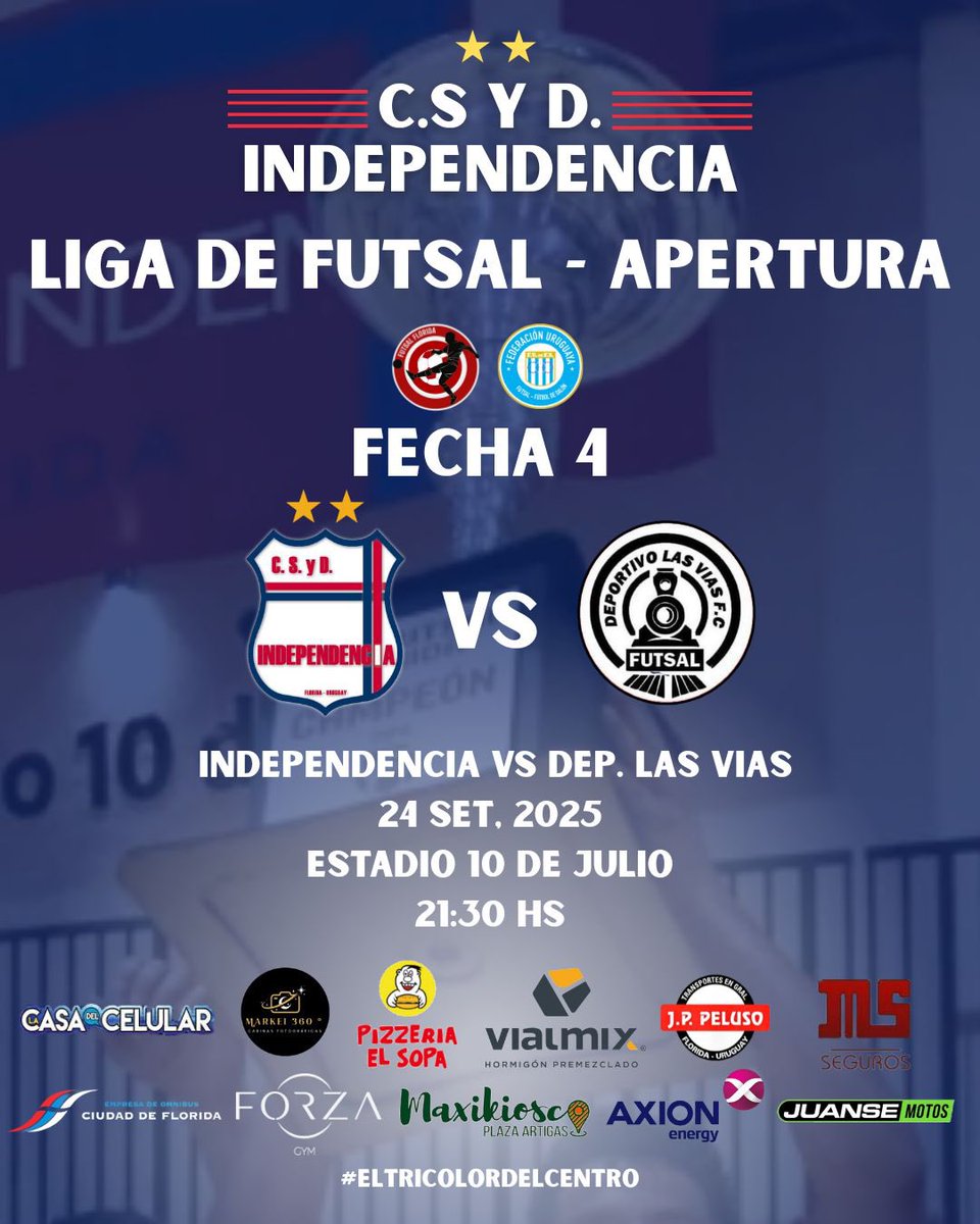 🔴⚪️ 𝗟𝗜𝗚𝗔 𝗗𝗘 𝗙𝗨𝗧𝗦𝗔𝗟 𝗙𝗟𝗢𝗥𝗜𝗗𝗔 - 𝗔𝗣𝗘𝗥𝗧𝗨𝗥𝗔 ⚪️🔴

🆚 @deportivo_las_vias
4️⃣ Fecha 4
📆 24/09
⌚️ 21:30
🏟️ ESTADIO 10 DE JULIO
🎫 PUERTA DEL GIMNASIO

#𝗘𝗹𝗧𝗿𝗶𝗰𝗼𝗹𝗼𝗿𝗗𝗲𝗹𝗖𝗲𝗻𝘁𝗿𝗼 🔵🔴⚪️

𝗣𝗿𝗲𝘀𝗲𝗻𝘁𝗮:

𝗩𝗜𝗔𝗟𝗠𝗜𝗫