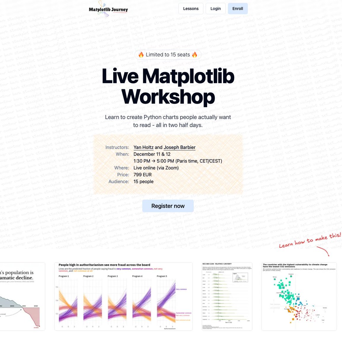 🎉 Want to build better charts with #Python and <a href="/matplotlib/">Matplotlib</a> ?

Join me and <a href="/joseph_barbier/">Joseph</a> for a brand new #dataviz workshop!

We’ll spend 2 half-days together, alternating between impactful explanations and hands-on exercises.

Only 15 spots available!

matplotlib-journey.com/workshop