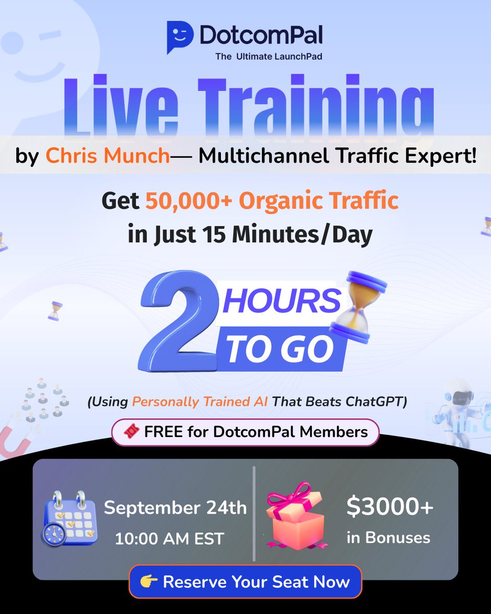 DotcomPal's tweet image. 🚨TODAY’S THE DAY!  DotcomPal members, join LIVE now! Chris Munch (10 AM EST) reveals 50K visitors in 15 mins/day with AI beating ChatGPT.  $3K+ bonuses if live! 🎉Final hours—join: register.gotowebinar.com/register/91010… #DotcomPal #LiveTraining