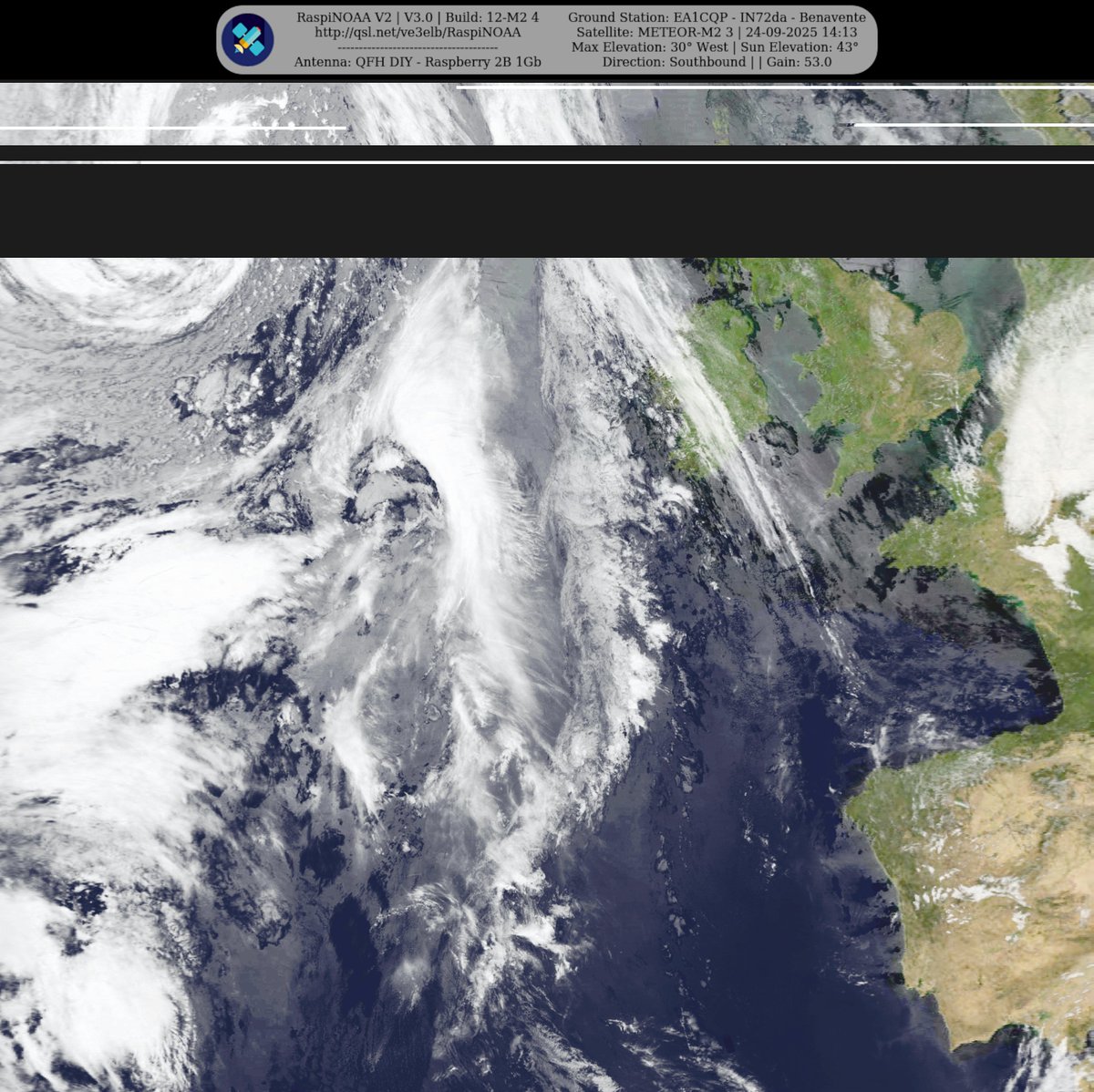 monforra's tweet image. Ground Station: EA1CQP - IN72da - Benavente METEOR-M2 3 24-09-2025 12:55 CEST Max Elev: 30° W Sun Elevation: 43° Gain: 53.0 | Southbound
#NOAA #MeteorM2_3 #MeteorM2_4 #weather #weathersats #APT #LRPT #wxtoimg #MeteorDemod #rtlsdr #gpredict #raspberrypi