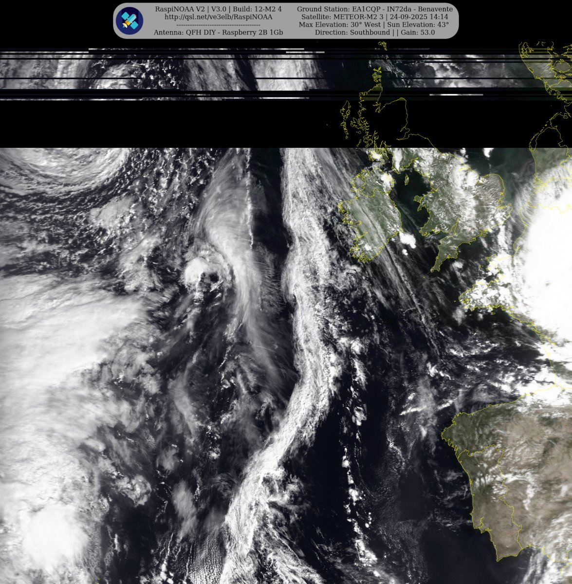 monforra's tweet image. Ground Station: EA1CQP - IN72da - Benavente METEOR-M2 3 24-09-2025 12:55 CEST Max Elev: 30° W Sun Elevation: 43° Gain: 53.0 | Southbound
#NOAA #MeteorM2_3 #MeteorM2_4 #weather #weathersats #APT #LRPT #wxtoimg #MeteorDemod #rtlsdr #gpredict #raspberrypi