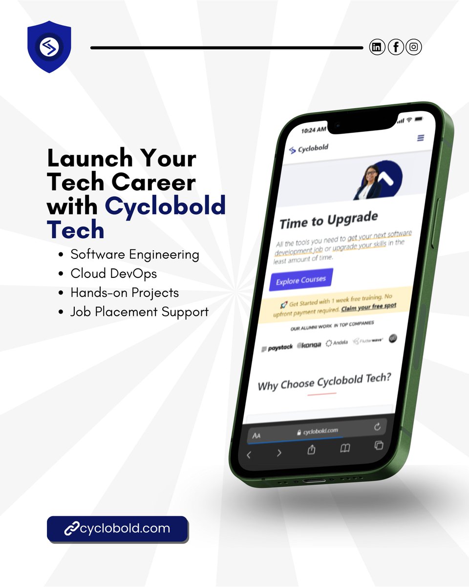 cyclobold's tweet image. Launch your tech career with Cyclobold Tech.

We equip you with the skills and support to land global opportunities in tech.
Your future starts here

  cyclobold.com

📞 08039906571 
💬 08108227646

#CycloboldTech #GlobalTechCareer #BreakIntoTech #GetHired