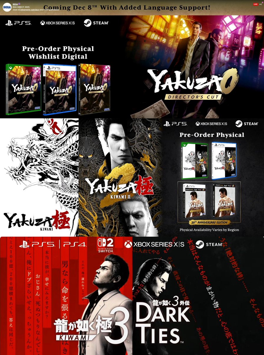 Comment ne pas sauter de joie ? 🥹

Yakuza 0, Kiwami 1, 2 et 3 + Dark Ties sont enfin traduits en français sur PS5 ! ✊️

Si vous n’avez jamais touché à cette excellente licence, vous n’avez plus d’excuse : lancez-vous, il y a très peu de chances de le regretter ! 🐉