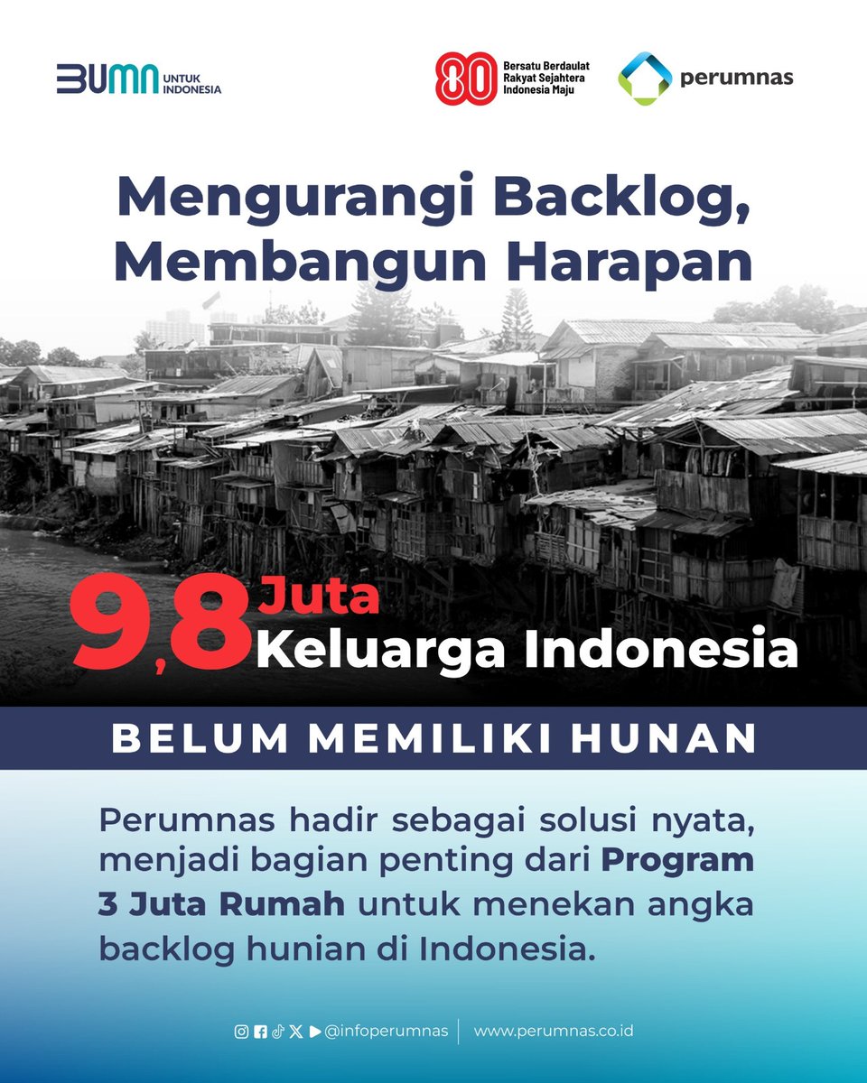 Bogor_Hadir's tweet image. Dalam semangat HUT RI ke-80, Perumnas terus wujudkan hunian layak &amp;amp; terjangkau untuk rakyat 🇮🇩 Dari TOD, revitalisasi kawasan kumuh, hingga rumah subsidi untuk MBR—karena rumah adalah pondasi kesejahteraan. 🏠

#HunianUntukIndonesia #HUTRI80 #Perumnas #TigaJutaRumah