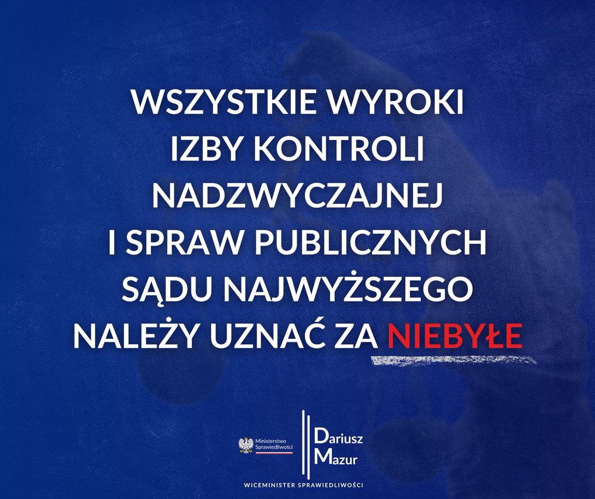 Dziś 7-osobowy skład prawidłowo powołanych sędziów Izby Pracy i Ubezpieczeń Społecznych SN przesądził o statusie Izby Kontroli Nadzwyczajnej i Spraw Publicznych 👇🏻

❗️Wszystkie wyroki IKNiSP należy uznać za niebyłe❗️

Tak samo wszystkie skargi nadzwyczajne rozpatrzone przez tę