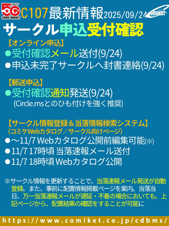 【C107 受付確認】
本日(9/24)、以下を送付。
○オンライン申込サークルに受付確認メール
○オンライン申込未完了サークルへの郵送通知
○郵送申込サークルへの受付確認通知(郵送)

サークル情報登録・当落検索システム(コミケWebカタログ・サークル側)も公開、入力をお願いします。当落公開は11/7。