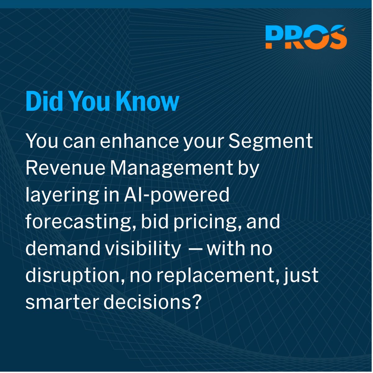 Segment Revenue Management remains common—but the most agile airlines are building on it.

With PROS RM Advantage, you can unlock more precision and control by adding advanced forecasting and dynamic pricing to your current setup.

✈️ Read more here: ms.spr.ly/6018sS8ZO