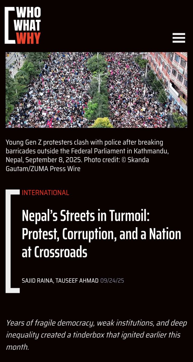 Nepal’s Streets in Turmoil: Protest, Corruption, and a Nation at Crossroads

Read our latest on Nepal protests 
 whowhatwhy.org/international/…