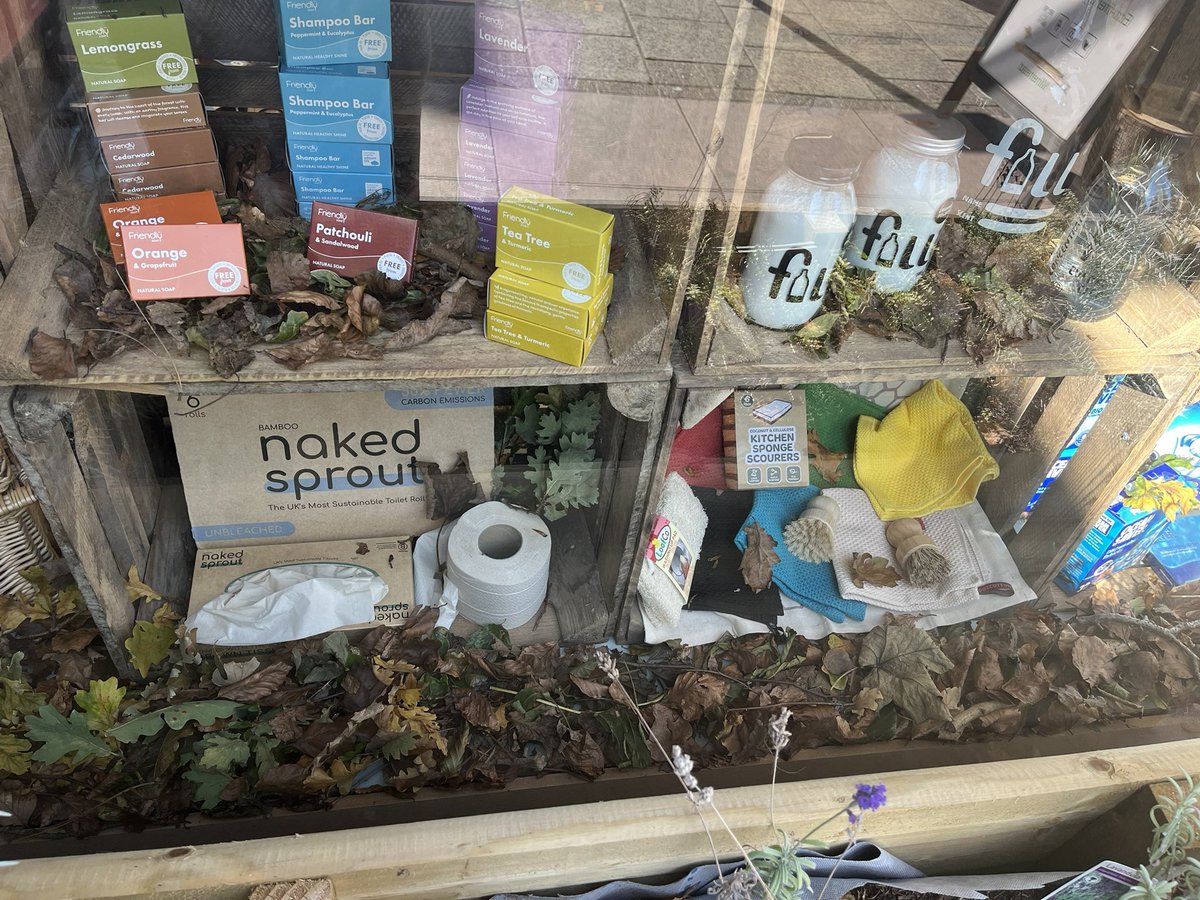 Just finished doing my autumn window.  I always use real leaves (there’s plenty around) which always makes me wonder why so many shops use artificial. There’s too much waste around when we can use nature’s litter! #retail #windowdisplay #autumn