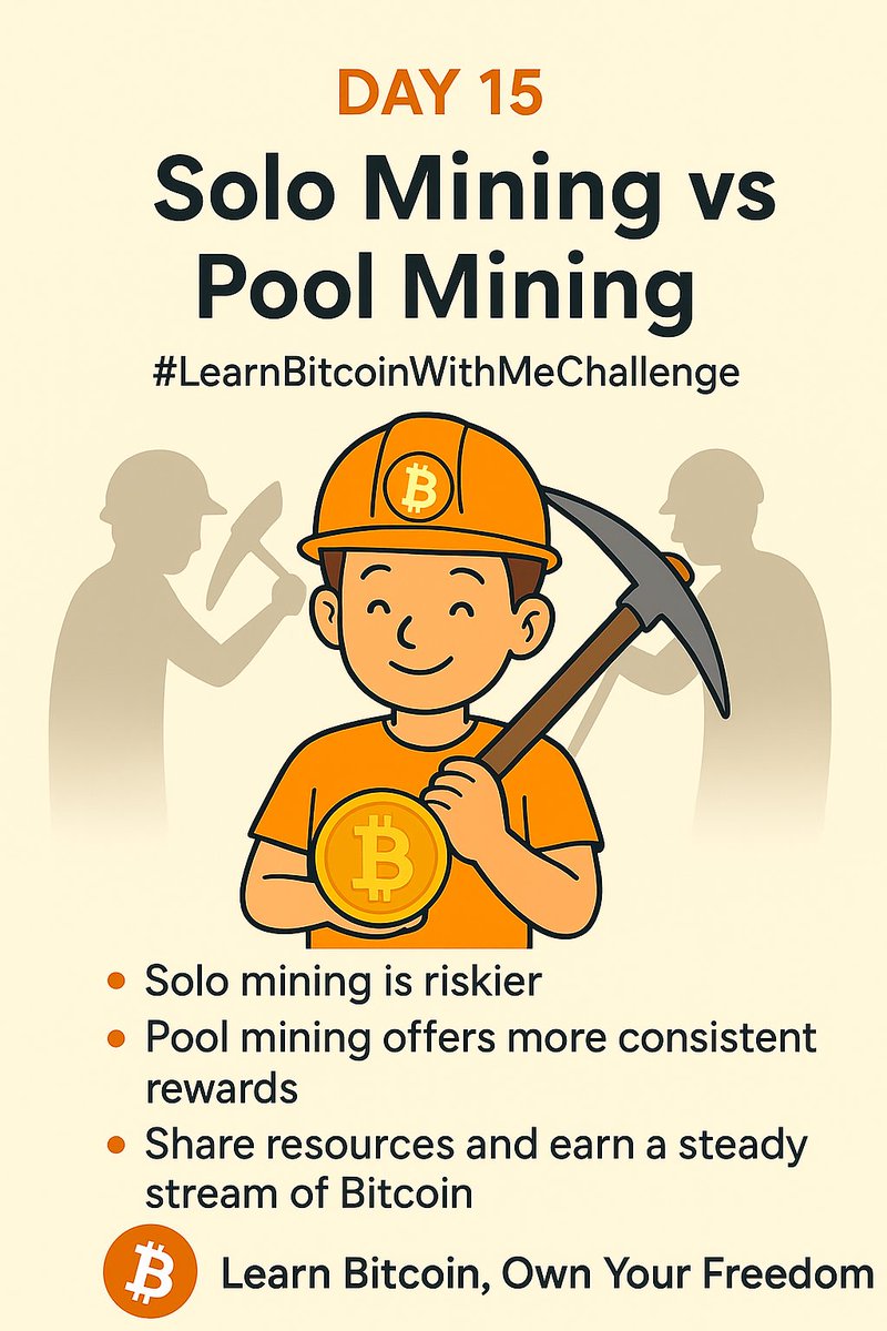 Day 15 of #LearnBitcoinWithMeChallenge 

Solo Mining vs Pool Mining ⛏️🧡

What is solo mining? Solo mining means you're mining Bitcoin on your own, solving complex math puzzles using your own computer hardware. If you solve the puzzle and find a block, 

1/4