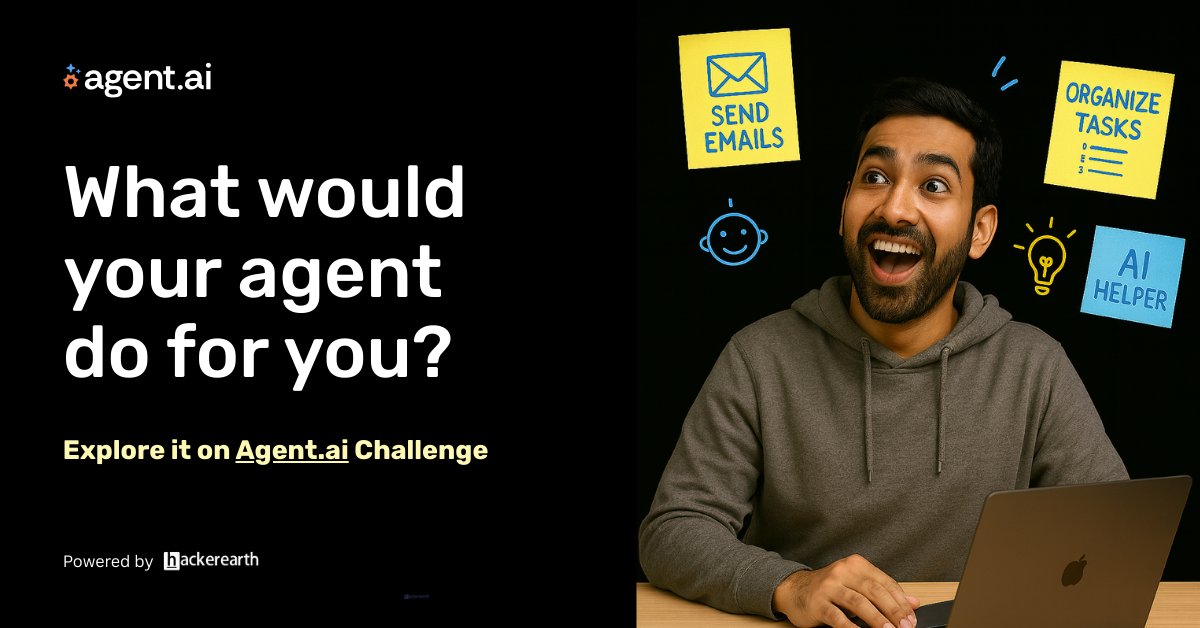 HackerEarth's tweet image. What will your first AI agent do? Build it today with Agent Ai – no code needed!
📷 Automate tasks, build personal assistants, and create AI tools in minutes.
Submit your agent, win up to $50k + join the community.
Start here →bit.ly/46zFT37