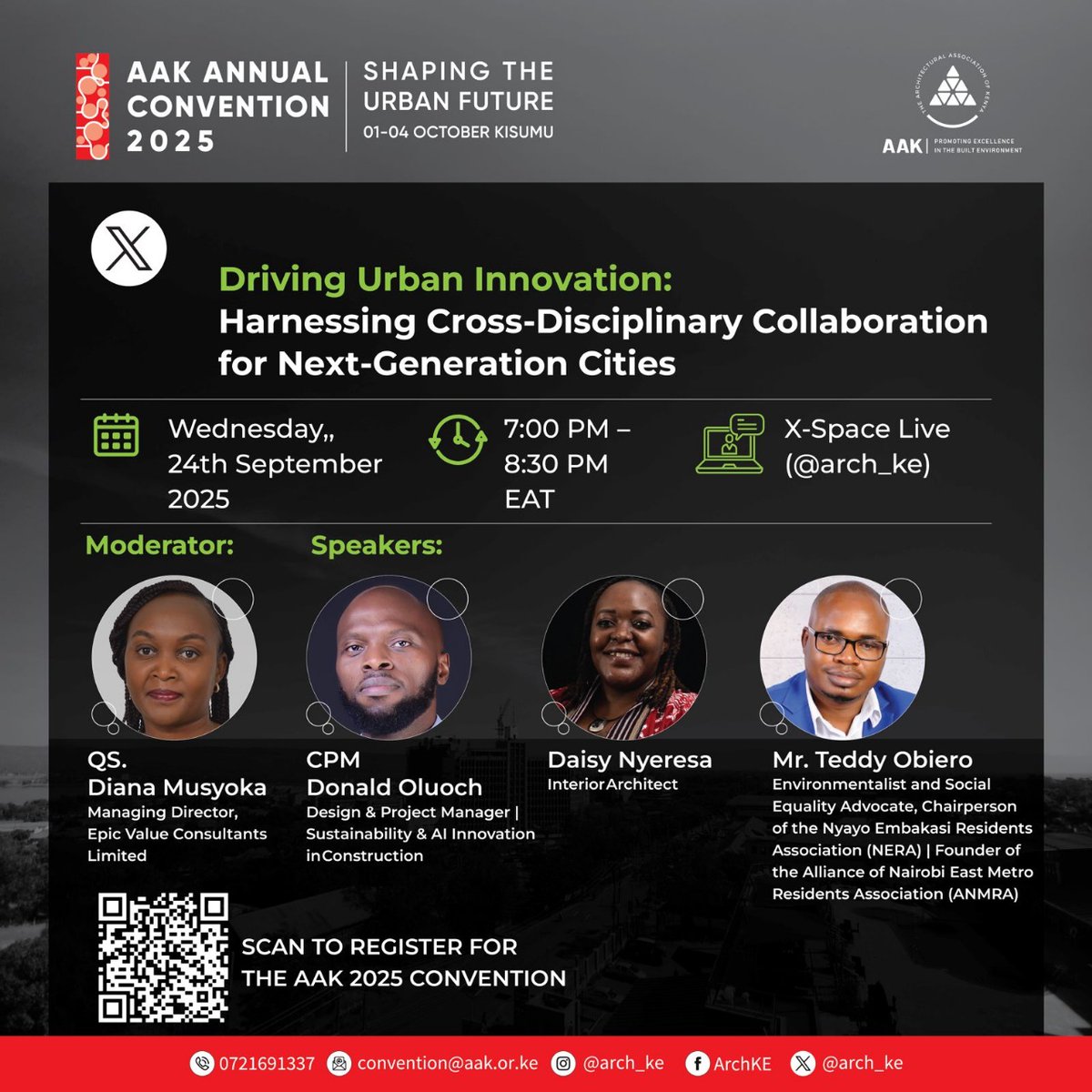 How can we drive urban innovation for next-generation cities?
Join us for an engaging X-Space Live Conversation as part of the AAK Annual Convention 2025.

Theme: Driving Urban Innovation: Harnessing Cross-Disciplinary Collaboration for Next-Generation Cities
📅Wednesday, 24th