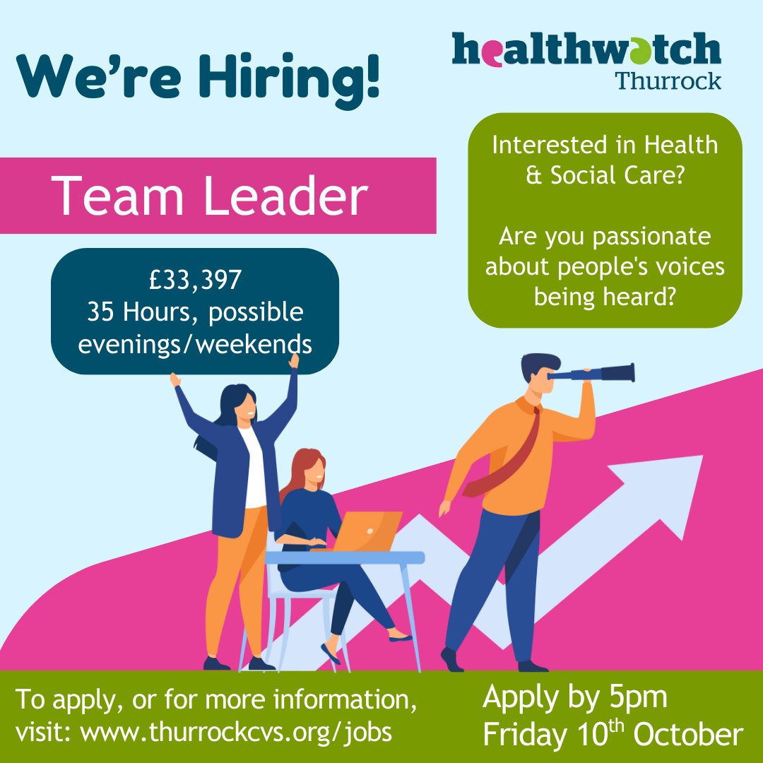 🌟 WE’RE HIRING! 🌟

**Healthwatch Thurrock Team Leader**

📍 The Beehive, Grays (flexible working)  
💷 Salary: £33,397 p/a  

What you’ll do:  
✅ Manage daily operations  
✅ Lead projects &amp; produce reports  
✅ Support staff &amp; volunteers