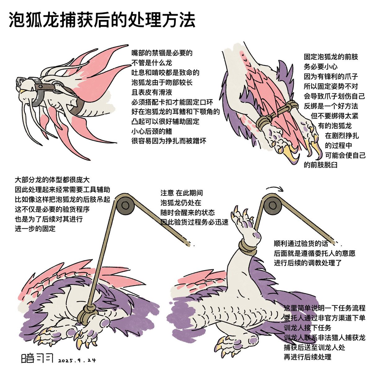 #MonsterHunterwilds #MonsterHunter #怪物猎人 #泡狐龙 
基于怪物猎人背景下的非法捕龙行为
纯私设
其实研究怎么用人的方法限制非人生物
还是很有趣的
或许后面会再画点驯龙内容