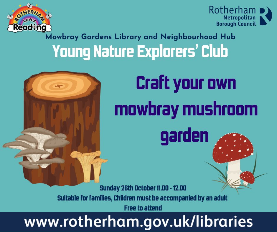 RothLibraries's tweet image. Join us at Mowbray Gardens Library & Neighbourhood Hub on Sunday 26th October, 11am–12pm for a FREE family craft session!
Perfect for families, just bring an adult if you're little!
More info: rotherham.gov.uk/libraries
#RotherhamLibraries #NatureExplorers #FamilyFun #FreeEvent