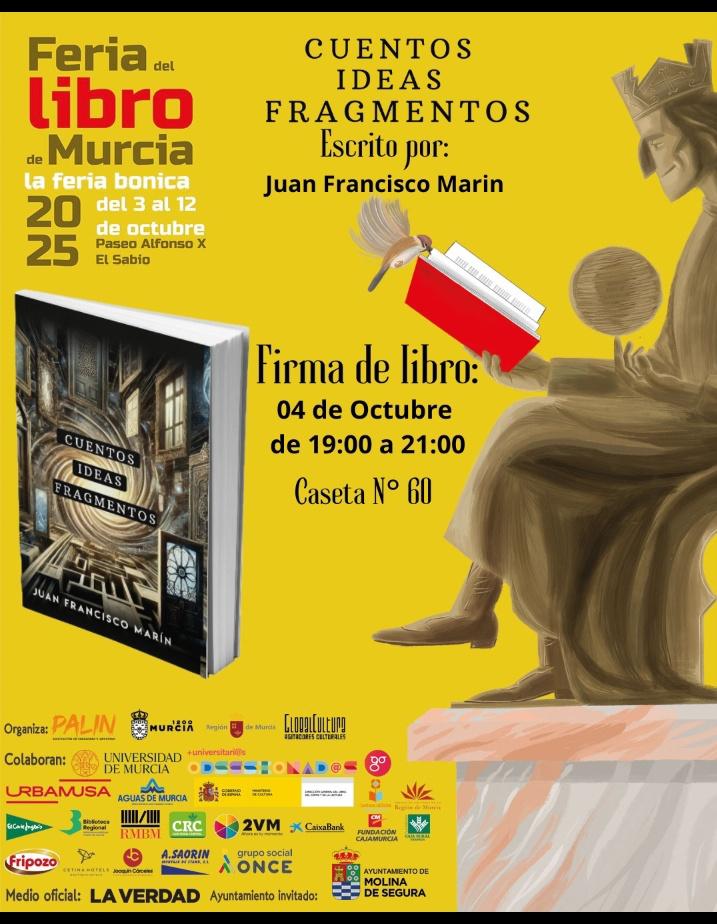 Firma del libros:
H04 oct 19-21 caseta editorial Grupo J3V.
 11 oct. 17-19 H  caseta Palin . 
Se agradece difusión!