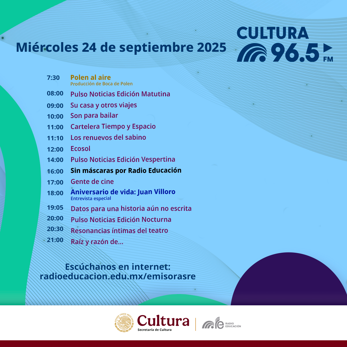 RadioEducacion's tweet image. Este #Miércoles ✨ sintoniza la Radio de las culturas de México 🎙

Escucha #PolenAlAire 🐝 #Ecosol ☀️ #SinMáscaras 📹 Resonancias íntimas del teatro y mucho más

📻 96.5 FM #CDMX
🖥️ radioeducacion.edu.mx/emisorasre