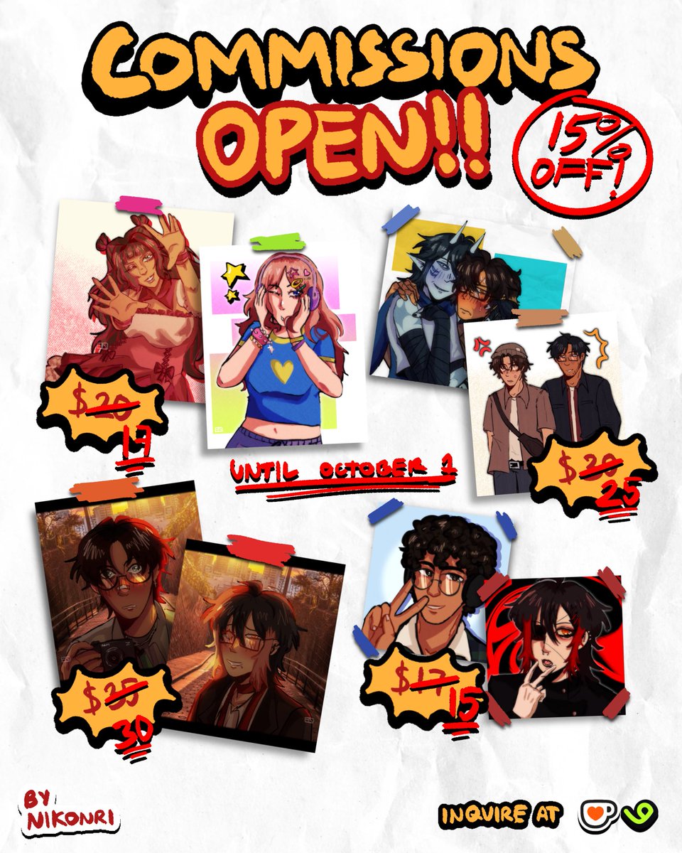 15% OFF ‼️ END OF SEPTEMBER COMMS

DISCOUNTED SERVICES ⚠️:
💥 ICONS : 15 USD
🍖 BUST / HALF-BODY ILLUSTS : 27 USD
💫 DUO / TRIO ILLUSTS : 25 USD
🍮 CINEMATIC RENDERED ILLUSTS : 30 USD

(BOTH KOFI AND VGEN ARE DISCOUNTED!!! USE CODE BERMONTH ON KOFI FOR THE DISCOUNT) 

⬇️⬇️⬇️