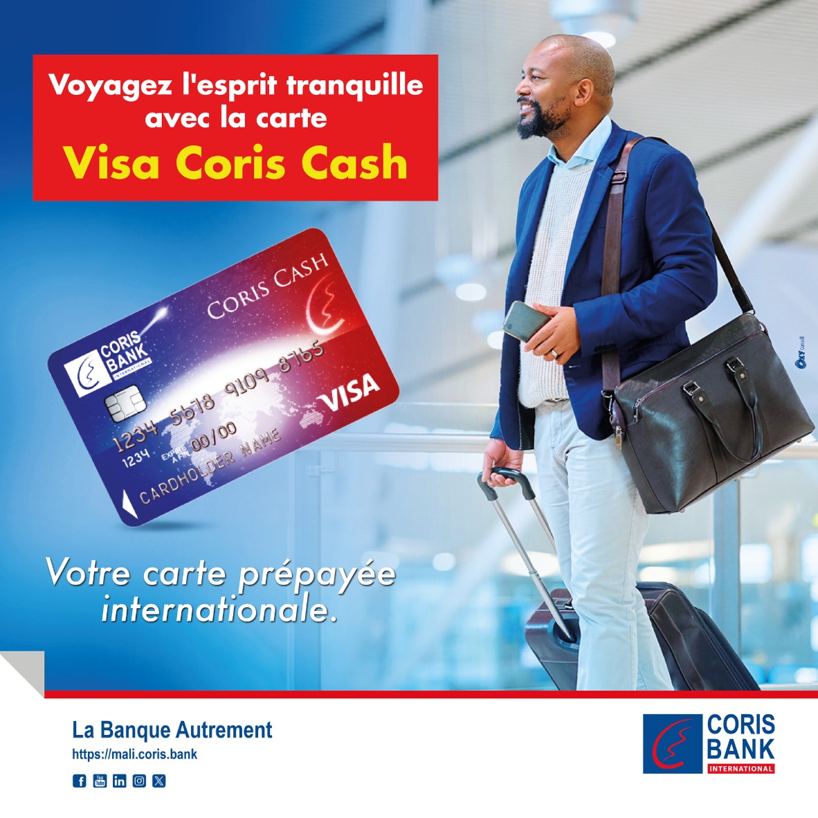 corisbankml's tweet photo. Voyagez l’esprit léger : la carte VISA CORIS CASH garde votre argent en sécurité, partout dans le monde, 24 h/24 et 7j/7.
Oubliez le stress de transporter des espèces : un seul geste, et votre cash est disponible où que vous soyez.
Passez nous voir en agence pour obtenir la vôtre !
#CarteCorisCash #CBI_CI #VoyageSerein