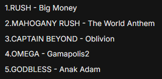 一昨日の地底、悩んだ末のセトリです。1.は定番、2は音感で。３は違うと言われそうですが、スタジアムロック化した3rdから。4.は当時の米国プログレハード東欧版、という自己流解釈、微妙にStyx？。５は苦渋の選曲、まんまカンサスですねｗ・・・皆さん苦手分野らしく、逆に面白かったですｗ