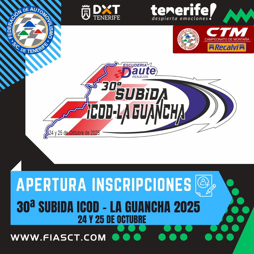 🚨Inscripciones Abiertas✍️
🏁 30ª Subida Icod - La Guancha (24 y 25 de octubre)
✍ Inscríbete aquí bit.ly/Inscrip_FIASCT
👉 escuderiadaute.com
#CTM_RECALVI #TenerifeDespiertaEmociones #EXPODECA2025
<a href="/DXTenerife/">Deportes Tenerife</a> <a href="/VisitTenerifeES/">VisitTenerifeES</a> @cabildotenerife <a href="/GrupoRecalvi/">Grupo Recalvi</a> <a href="/IdecoGestion/">Ideco Gestión</a>