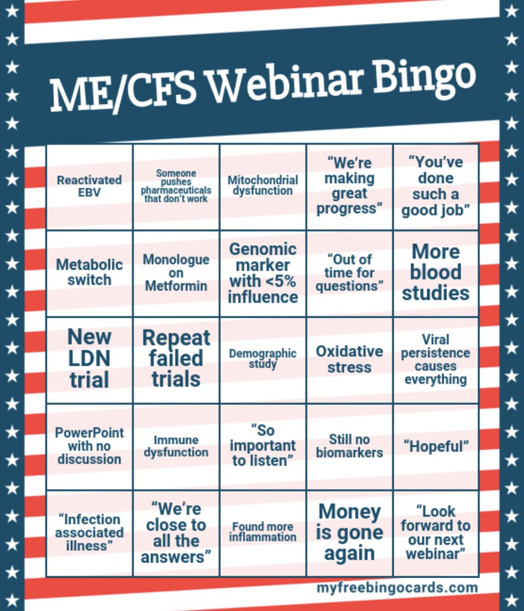 Scott Daniska (@scott_scientist) on Twitter photo I made a BINGO card for the next ME/CFS webinar if anyone would like to play I made a BINGO card for the next ME/CFS webinar if anyone would like to play