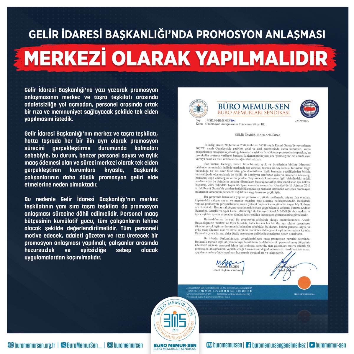 GELİR İDARESİ BAŞKANLIĞI’NDA PROMOSYON ANLAŞMASI MERKEZİ OLARAK YAPILMALIDIR

Gelir İdaresi Başkanlığı’na yazı yazarak promosyon anlaşmasının merkez ve taşra teşkilatı arasında adaletsizliğe yol açmadan, personel arasında ortak bir rıza ve memnuniyet sağlayacak şekilde tek elden
